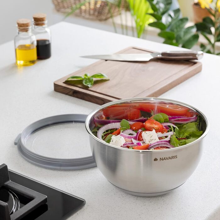 Navaris Stainless Steel Bowl Set with Lid - 3-Piece Mixing Bowl Salad Bowl - Stainless Steel Bowl Bowl Set Container in Grey