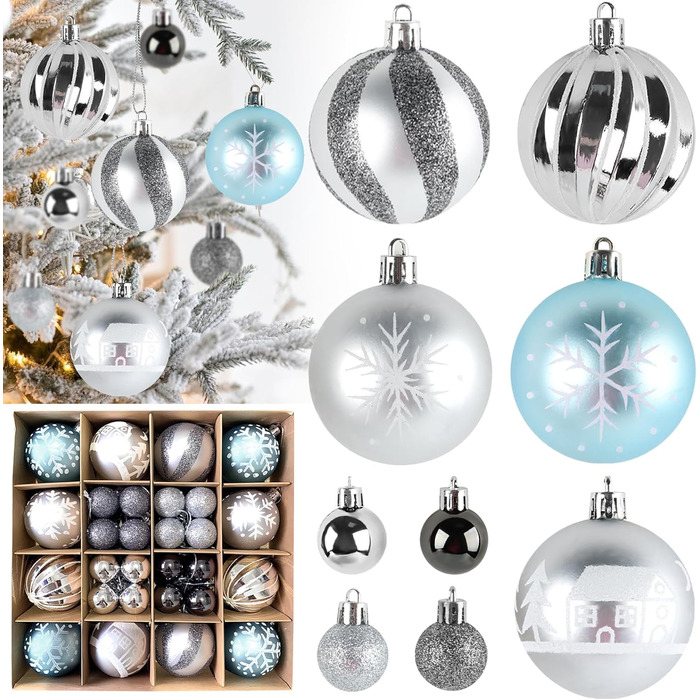 44 штуки прикрас для ялинки, декор на Новий рік, пластикові кулі для ялинки з подарунковим пакетом (срібно-блакитний)