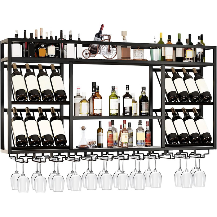 Настінна вітрина для вина з тримачем для келихів, 3-ярусна, металева вітрина в стилі рустік для напоїв, для домашнього бару, зберігання вина на кухні (Чорний, 100см)