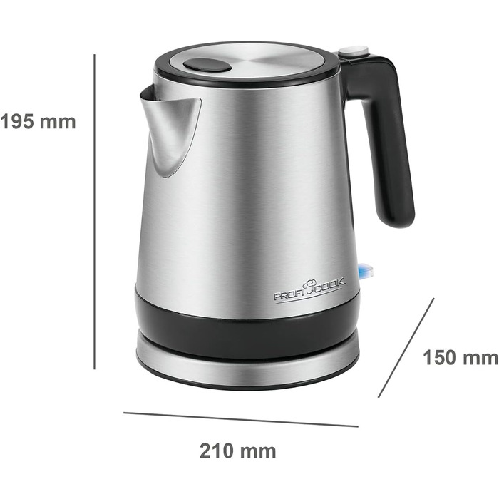 Електричний чайник ProfiCook PC WK 1290, 1.5 л, 2200 Вт, нержавіюча сталь, чорний, з подвійними стінками, збірна база з обмоткою кабелю