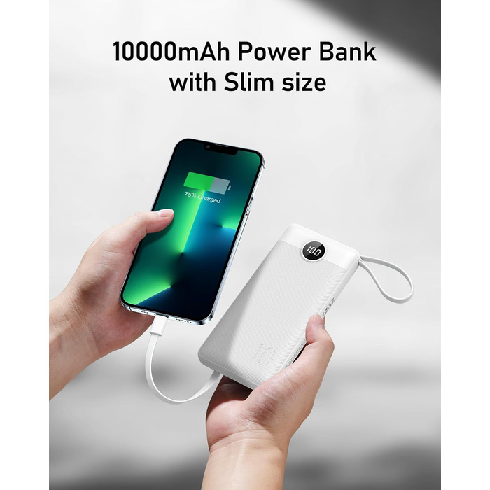 Power Bank 10000mAh з 5 виходами та 2 входами, LED дисплеєм та вбудованими кабелями. Сумісний з iPhone, iPad, Samsung, Xiaomi, Google Pixel.