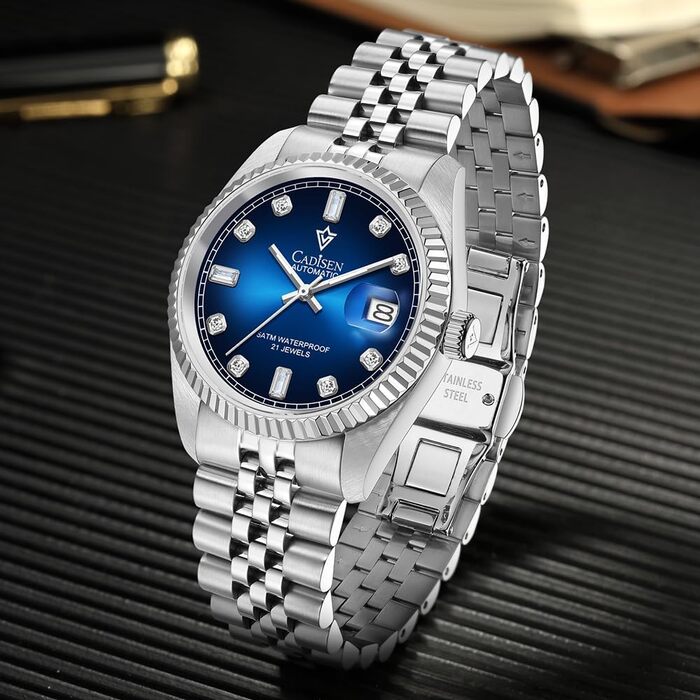 Годинник CADISEN Automatik для чоловіків: механічний годинник з сапфіровим склом та сталевим браслетом (8240blue)