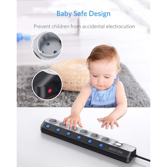 BESTEK 6-фазна мережева стрічка з USB, захист від перенапруги 900 Дж, монтаж на стіну, синьо-біла, кабель 1.8м