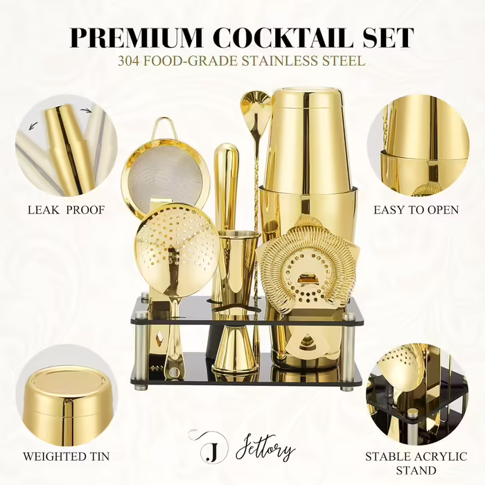 Boston Shaker Set - 10-Piece Stainless Steel Cocktail Shaker Set with Acrylic Base, Hawthorne Strainer, Ice Tongs, Bar Spoon, Jigger, Muddler - Perfect for the Home Bar (Gold)