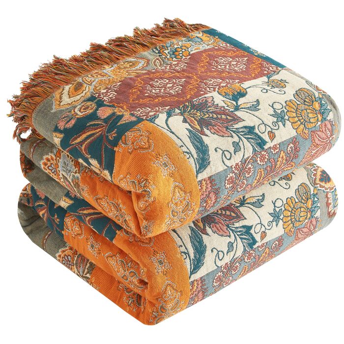 Богемна ковдра Boho Decke 100% бавовна – двостороння муслінова ковдра 150x200 см, м'яка ковдра для дивану та покривало на ліжко, естетичний дизайн, ідеально для вітальні та спальні, помаранчевий/зелений 150 x 200 см з квітковим візерунком