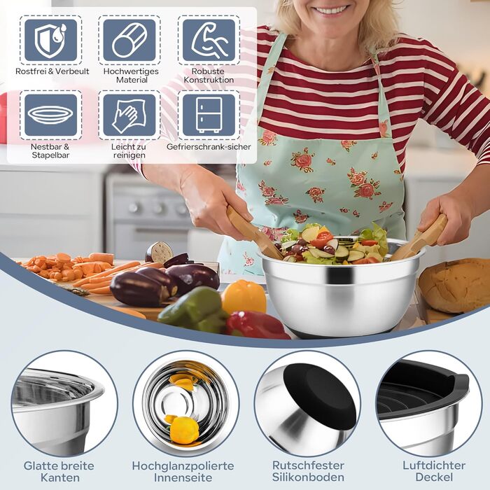 HaWare Mixing Bowl Set of 6, Stainless Steel Bowl Salad Bowl Set with Airtight Lid & 3 Grater Attachments, 4.6L/2.8L/2.5L/1.6L/1.2L/0.7L, Non-Slip Silicone Bottom & Dishwasher Safe, Black