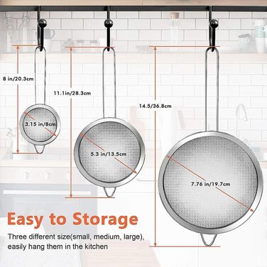Набір кухонних сит з нержавіючої сталі, 3 шт (7/12/18 см), з посиленим руків'ям, дрібний сито, для випічки, приготування їжі, просіювання, соку