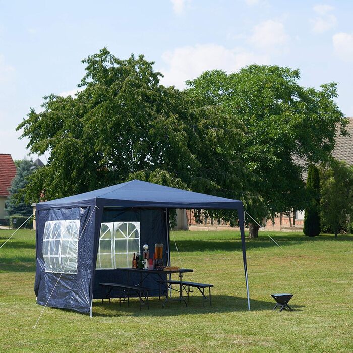 Relaxdays Gazebo 3x3 m, 2 Side Panels, Metal Frame, PE Fabric, Windows, Festival Party Tent, Enclosed, Blue