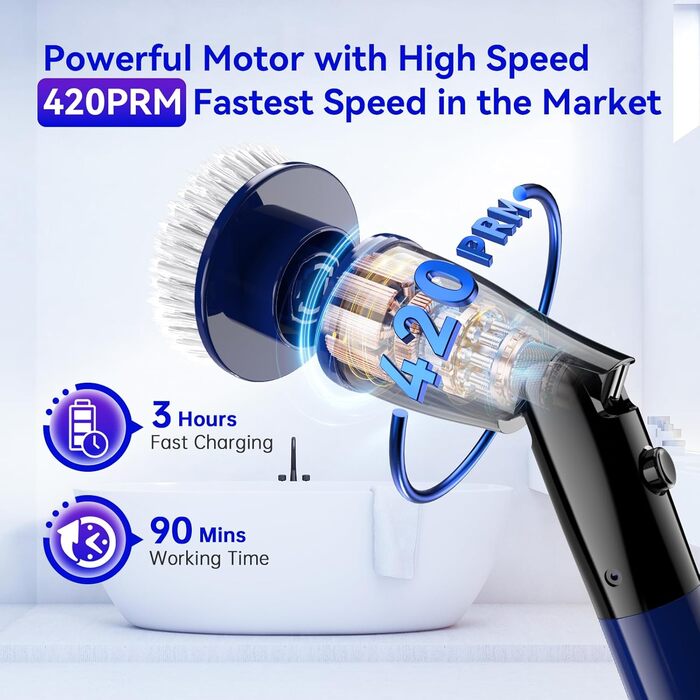 Електрична щітка для чищення, бездротова, 6 насадок, для кухні, авто, підлоги (чорно-синій)