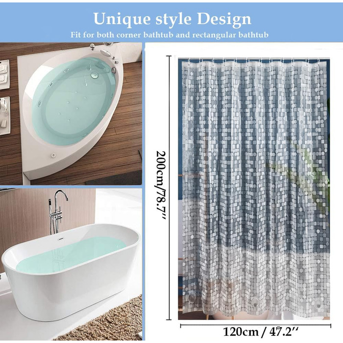 Шторка для душу LEMON CLOUD з антигрибковим покриттям та магнітною нижньою фіксацією, 183x200 см, водонепроникна, антибактеріальна, PEVA, з 12 кільцями, геометричний дизайн