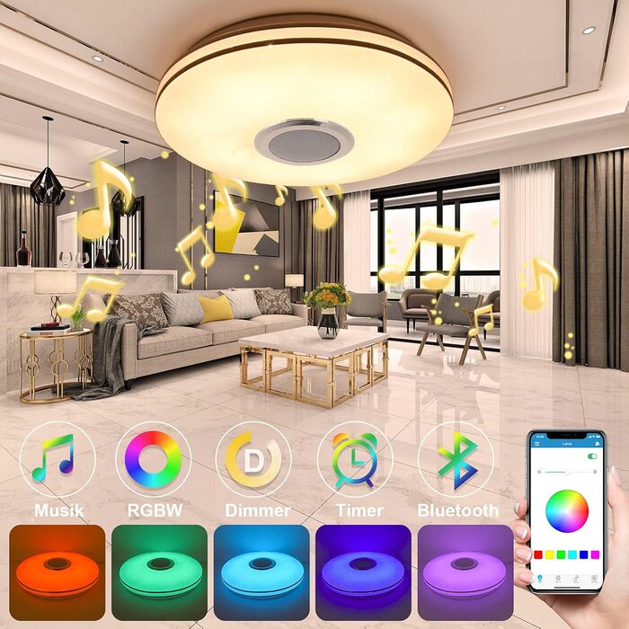 Світлодіодний стельовий світильник 36Вт з Bluetooth-колонкою, димером, RGB підсвічуванням, керуванням з пульта та додатка, музичний для спальні, дитячої, вітальні