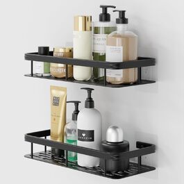 Полиця для душу без свердління, органайзер для ванної кімнати, 2 шт. корзини та полиці для душу, полиця для ванної кімнати з нержавіючої сталі, аксесуари для ванної кімнати, тримач для шампуню для душу з 4 клейкими поверхнями, чорний (алюміній)