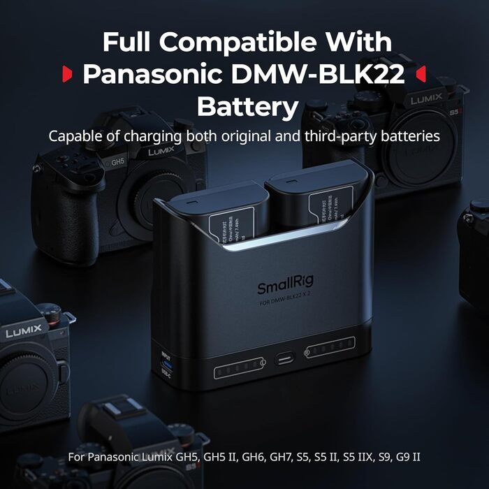 Зарядний пристрій SmallRig DMW-BLK22 для Panasonic Lumix GH5, GH6, GH7, S5, S5 II, S9, G9 II — подвійний акумуляторний зарядник з USB-C 22.5W