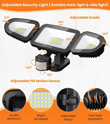 MEIKEE 42W LED Flood Light with Motion Sensor Outdoor 3600LM Outdoor Floodlight IP66 Waterproof LED Floodlight 6500K Three-Head 180° Adjustable Spotlight for Garage Garden Terrace Yard