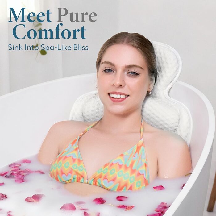 Подушка для ванни з підтримкою голови та шиї, антиковзаюча, з 54 присосками, м'яка сітчаста тканина 3D, для розслаблення та спа-процедур, бежева