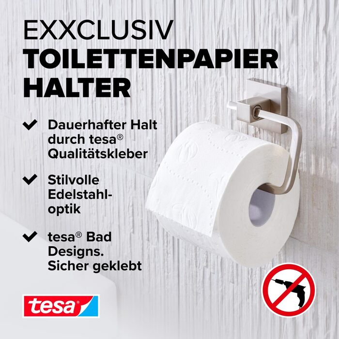 Тримач для туалетного паперу tesa EXXCLUSIV без кришки, хромований, для настінного монтажу без свердління (на клейокій основі), 160x99x45 мм