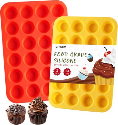Silicone Mini-Muffin Tin, non-stick coated, 24 cavities, ideal for making muffins, cakes, tarts, bread, BPA-free, dishwasher safe, Red + Yellow, 2 pieces