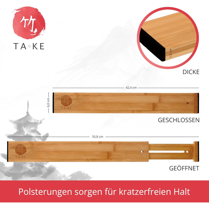 TAKE® Adjustable Drawer Dividers, 4 Pack [42-56cm] | Drawer Organizers, 100% Natural Bamboo | Flexible Drawer Divider System | Drawer Organization System for Kitchen | Drawer Organizer