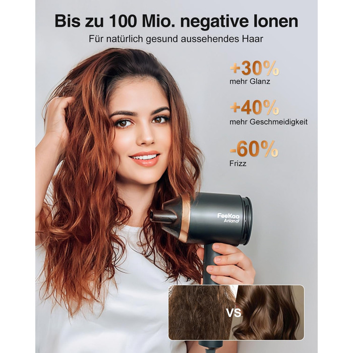 Іонський фен Feekaa з дифузором та магнітною насадкою, для подорожей та кучерявого волосся, 4 температурні режими, матовий чорний