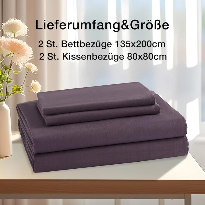 Бетліст JELLYMONI 135x200 з бавовни, комплект, Oeko-Tex, 100% бавовна, з блискавкою та наволочка 40x80 з клапаном, м'який, 2-кільний, 135x200 + 40x80 (фіолетовий)