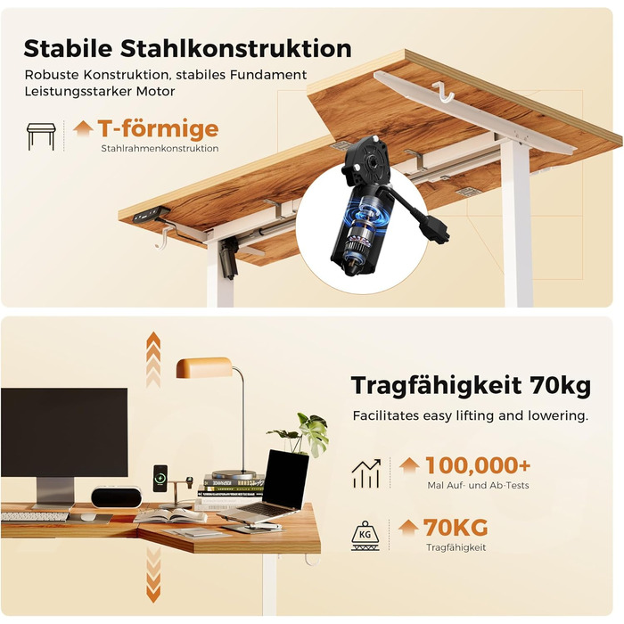 Електричний столик для роботи Agilestic L-подібної форми 150 см, регульована висота, для дому та офісу, ергономічний, зі з'єднуваною панеллю, світло-коричневий (150 x 90 см)
