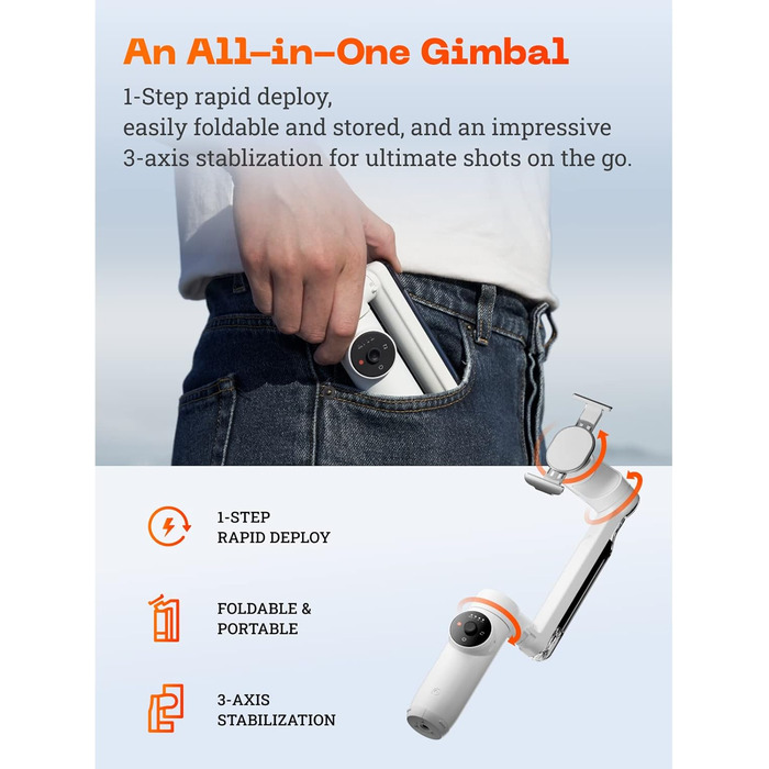 Insta360 Flow - Gimbal для смартфона з автотрекінгом, 3-осьова стабілізація, вбудований селфі-стік та штатив, білий