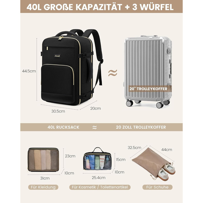 LOVEVOOK Рюкзак ручної поклажі, 40L, для подорожей та бізнесу, чорний