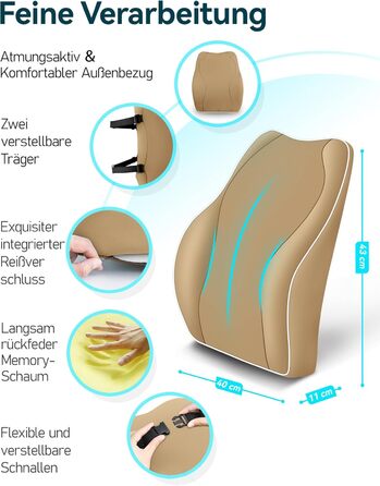 Подушка для спини Ergonomisches RückenKissen Travel Ease з Memory Foam для офісного крісла, з антистатичним, приємним до шкіри чохлом для комфортної посадки (Хакі)