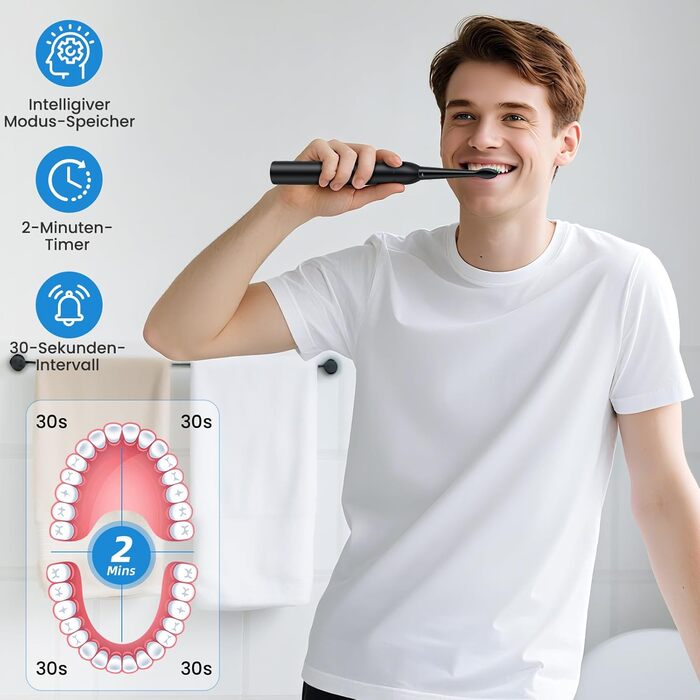 Електрична зубна щітка YUNCHI C2 з 40000 VPM, звукова щітка для дорослих, зарядка USB-C, 55 днів роботи від акумулятора, 5 режимів чищення, таймер 2 хвилини, 8 насадок, дорожній футляр, чорна YUNCHI C2