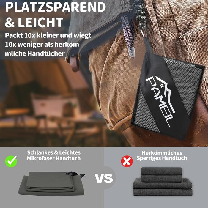 Набір рушників з мікрофібри Pameil (3 шт.): великий (160x80 см) + 2 маленьких (80x40 см), швидковисихаючі, для подорожей, фітнесу, сауни, темно-сірий