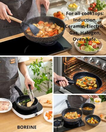 Набір посуду BOREINE 14 предметів: каструлі та сковороди з антипригарним гранітним покриттям (PFOA-free), знімні ручки, для всіх типів плит (індукція, склокераміка, газ, духовка), коричневий