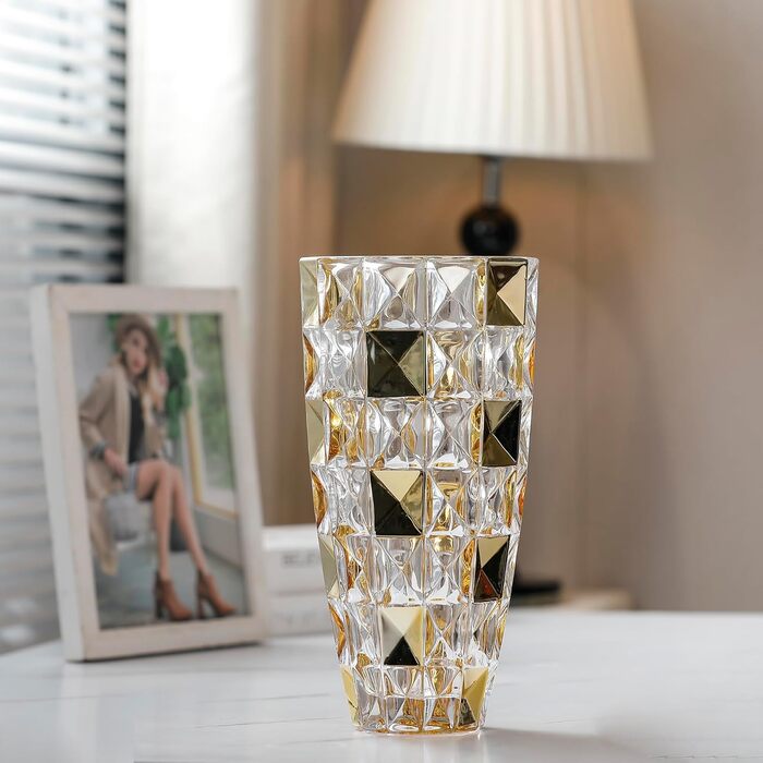 Ваза для квітів ручної роботи у формі діаманта, позолочена скляна ваза 29.5 см для декору дому, весілля, офісу та святкування
