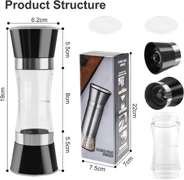 Мельниця для солі та перцю 2-в-1 Cyiecw, ручна, з регулюванням, нержавіюча сталь, для перцю та солі (чорна)