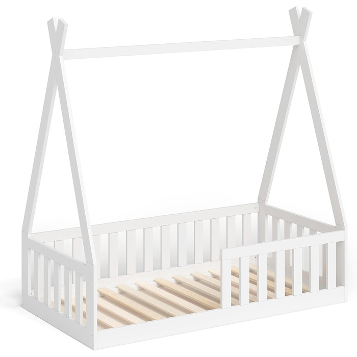 Bellabino Tajo Tipi Bed Base for Children 70x140 cm, House Bed made of Solid Pine Wood with Fall Protection/Fence and Slatted Frame in White for Children from 3 Years 70 x 140 cm White