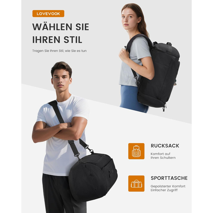 Спортивна сумка LOVEVOOK: велика, водонепроникна, з відділенням для взуття, 45L, 51x28x32 см