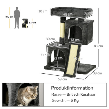 PawHut Sisal Kratzbaum до 30 кг котячий будиночок з сизалевою колоною, дряпальною дошкою, плюшем темно-сірого кольору для активних котів