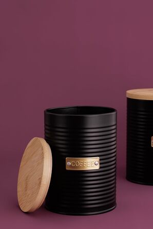 Контейнер для кави TYPHOON OTTO 1.4L з бамбуковим кришками та силіконовим ущільнювачем, декорований, з покриттям зі сталі. Підходить для кавових зерен, меленої кави та капсул. Також для чаю.