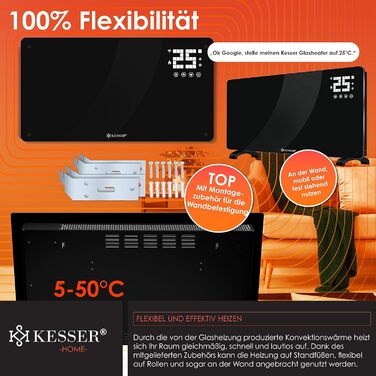 Електричний конвектор KESSER® з Wi-Fi, LCD-дисплеєм та пультом керування. Чорний, 2500 Вт. Можливість встановлення на стіну або на підлогу.