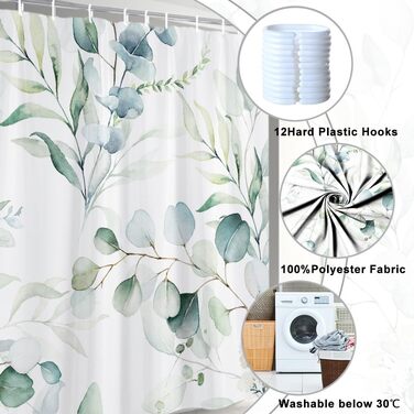 Штора для душу 120x200 см з евкаліптом, зелені листя, акварель, анти-грибок, водонепроникна, поліестер, з гачками для ванної кімнати