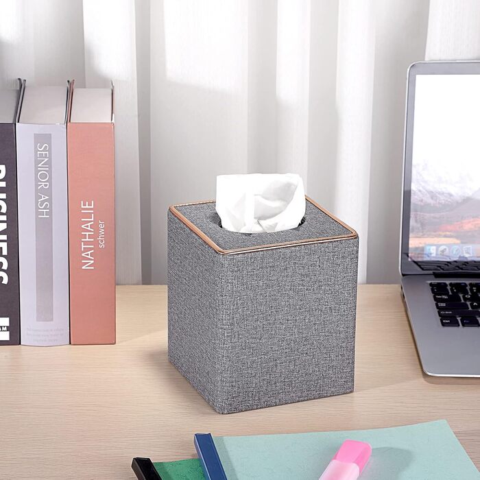 BTSKY Square Tissue Box Cover in Linen with Decorative Gold Line – Cube-Shaped Tissue Paper Holder, Tissue Storage, Organizer, Tissue Box Dispenser, Serviette Box, Gray