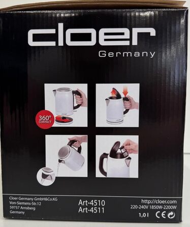 Електричний чайник Cloer 4511 з нержавіючої сталі, 2200 Вт, індикатор рівня води, захист від сухого кипіння та перегріву, 1 літр, чорний
