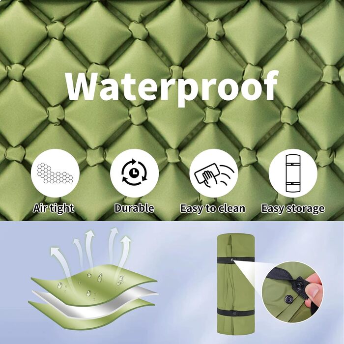 Каремат для кемпінгу та відпочинку на природі: самонадувний килимок, легкий, антипрокольний, з помпою та подушкою (армійний зелений)