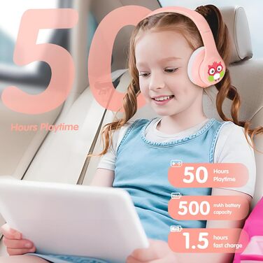 Дитячі навушники LOBKIN Bluetooth Over-Ear з чохлом, рожеві, ANC, складні, регульовані, для школи та подорожей