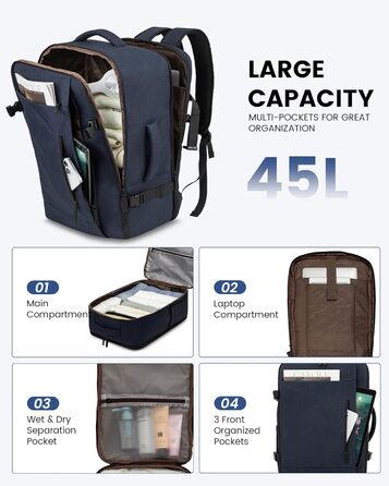 LOVEVOOK Рюкзак-валіза для ручної поклажі, 40L, для подорожей, з відділенням для ноутбука, чоловічий/жіночий, темно-синій