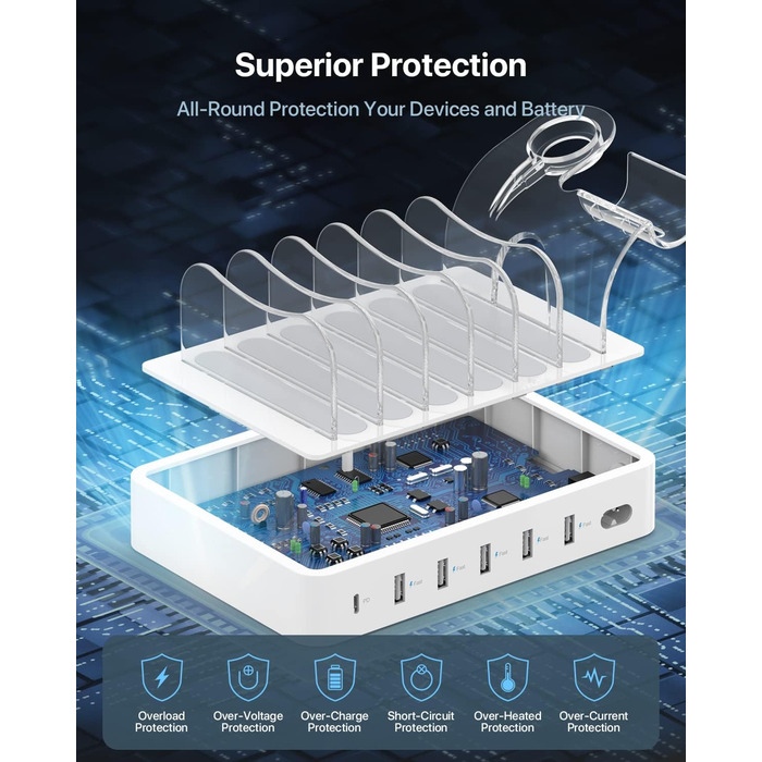 Зарядна станція SooPii USB 60W/12A, 6 портів з PD 20W для iPhone/Samsung, тримач для Apple Watch, 6 кабелів у комплекті - біла