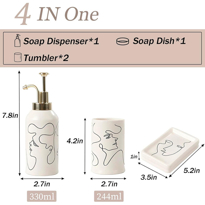 4-Piece Ceramic Bathroom Set, Artistic Line Face Bathroom Accessories Set with Soap Dispenser, Toothbrush Holder, Cup, Soap Dish, Abstract Bathroom Set for Decor, Cream