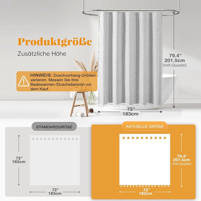 Шторка для душу BTTN 182 x 200 см, Бохо-фермерський стиль, важка тканина, з бахромою, водонепроникна, з вантажами, 12 гачків (сіра, смугаста)