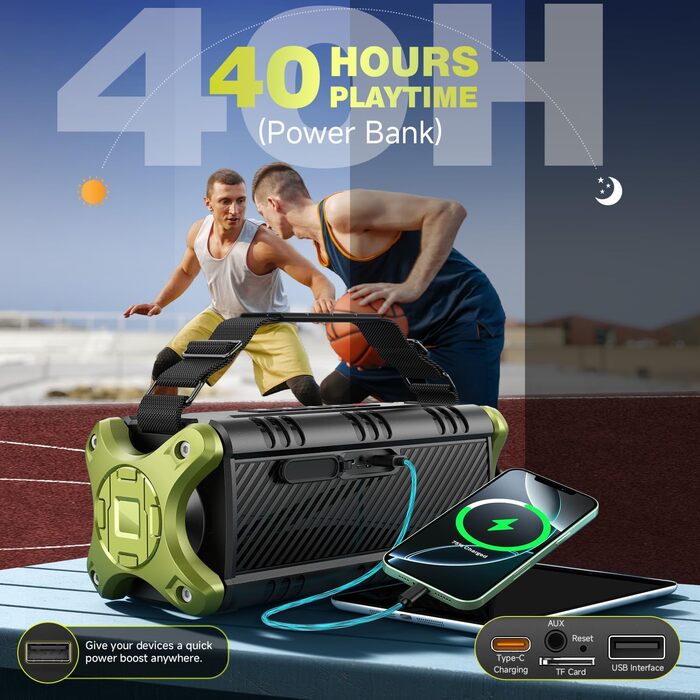 W-KING Портативна Bluetooth Колонка 90W з Глибоким Басом, 40 годин роботи, IPX6, Powerbank, TF-карта, NFC, AUX, Bluetooth 5.0, Зелена
