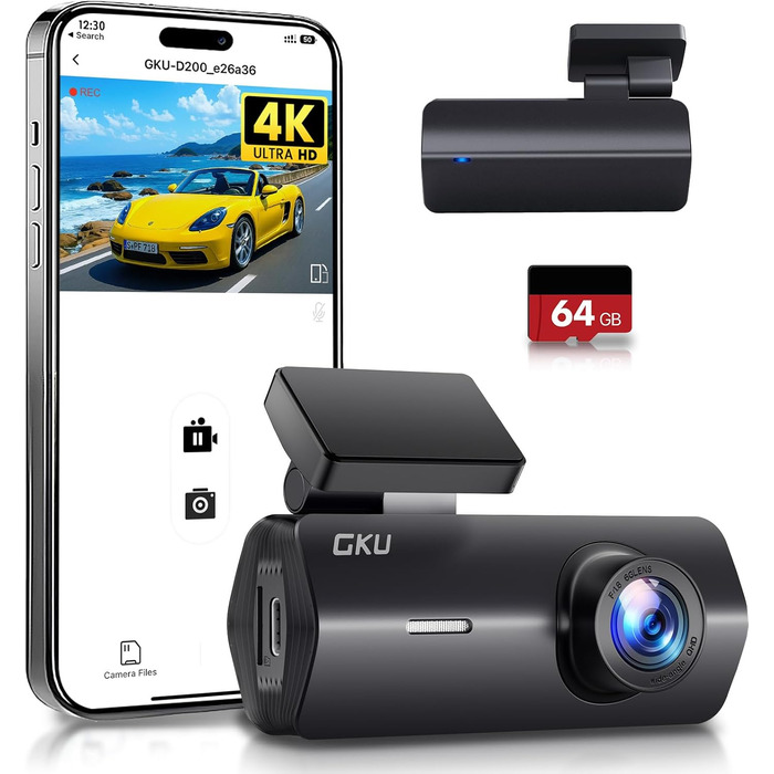Відеореєстратор GKU 4K Auto з Wi-Fi, 170° кут огляду, Нічне бачення, WDR, 24H паркування, G-сенсор, в комплекті SD-карта 64GB, Чорний