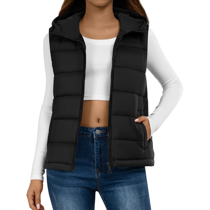 Жіноча жилетка короткої моделі, елегантна безрукавка, тепла зимова куртка з капюшоном, легка степна жилетка, чорний колір, розмір M